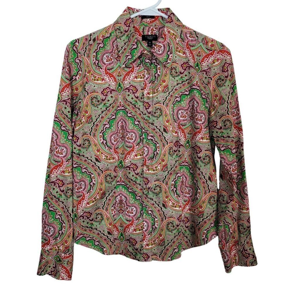 Talbots Petites Multicolored Paisley Button Up Shirt Blouse Sz 8P Stretch Fit